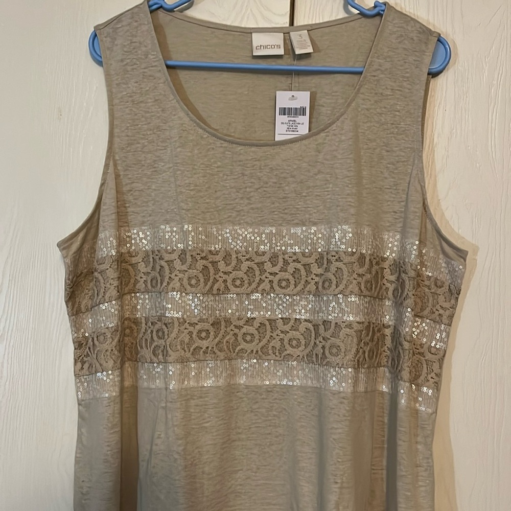 Chicos Linen Blend Tank W/ Lace & Sequins